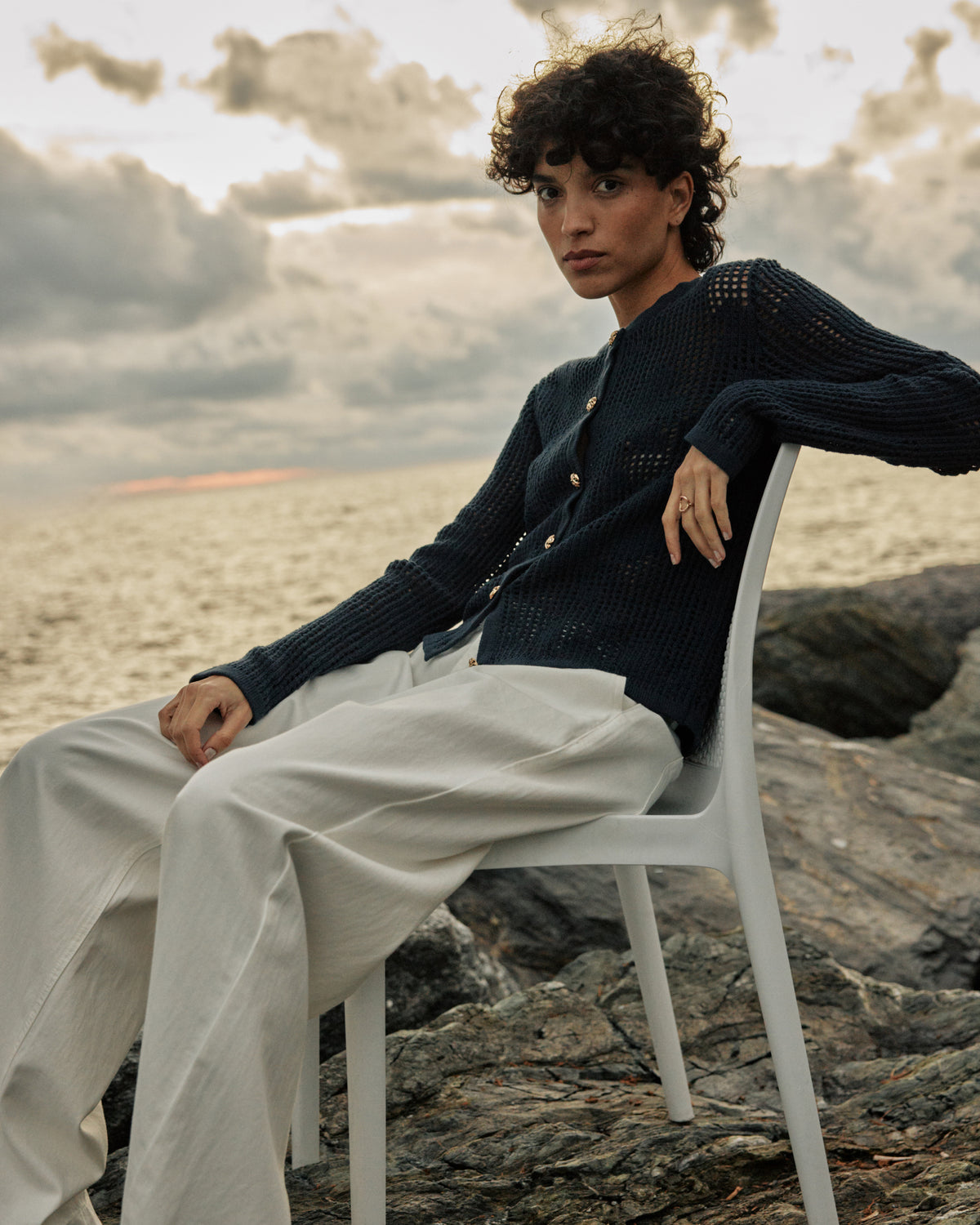 Openwork knit long-sleeve cardigan marine Velasquez