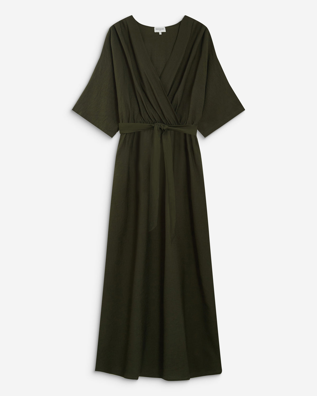 Robe longue évasée col V croisé kaki Amelia
