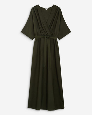 Robe longue évasée col V croisé kaki Amelia