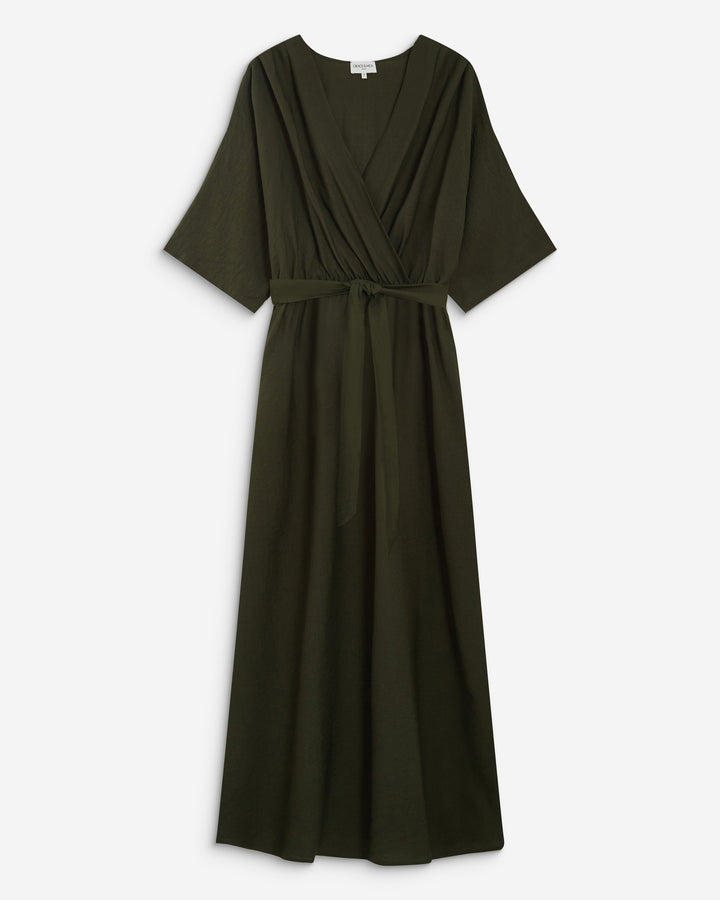 Robe longue évasée col V croisé kaki Amelia
