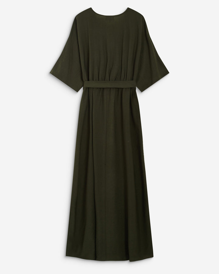 Robe longue évasée col V croisé kaki Amelia