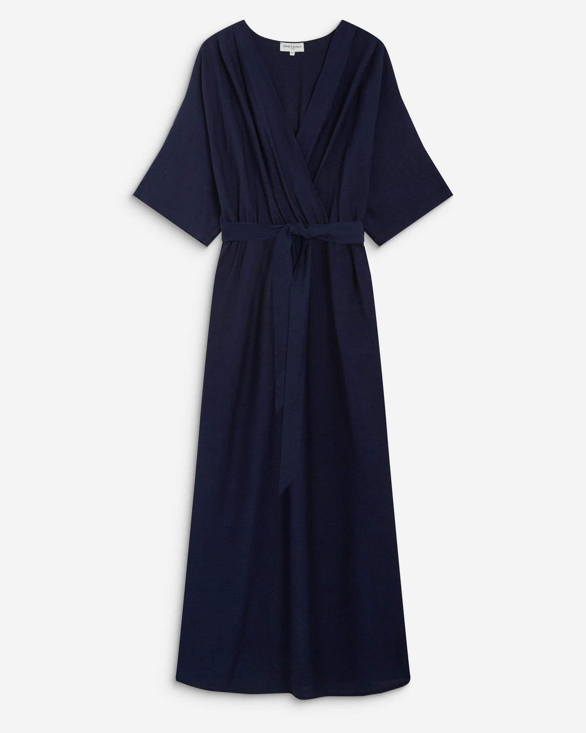 Robe longue évasée col V croisé marine Amelia