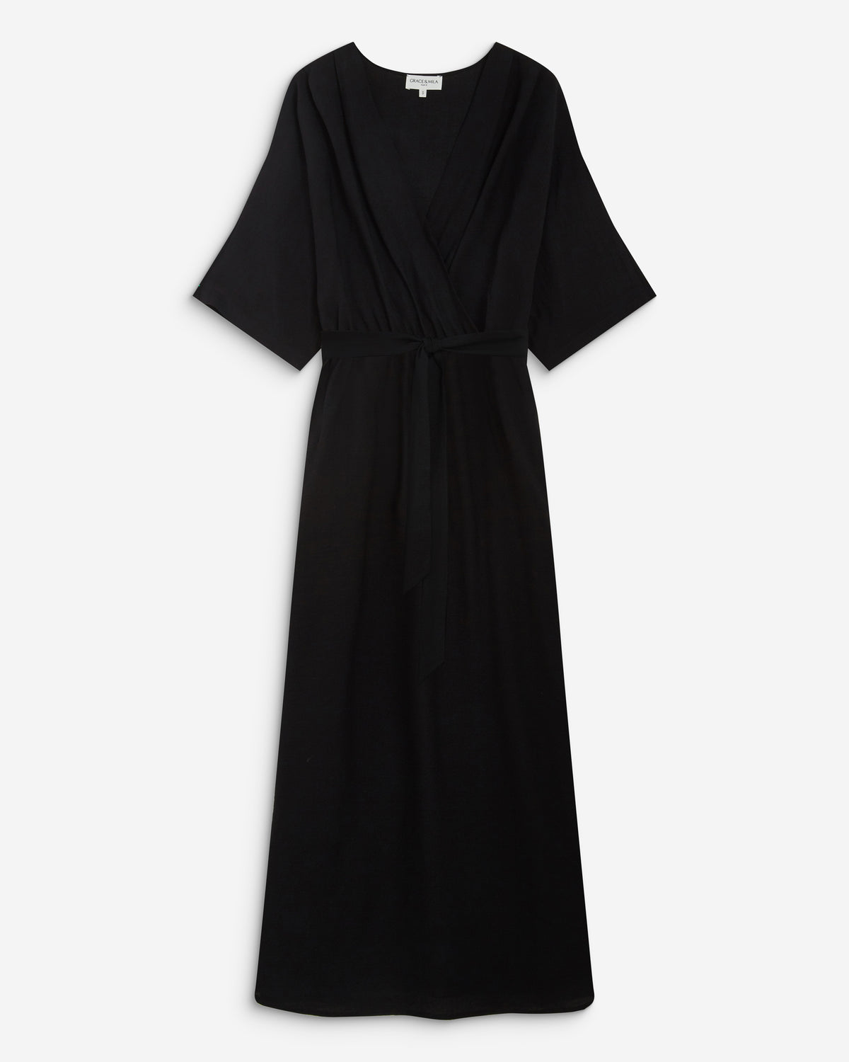 Robe longue évasée col V croisé noir Amelia