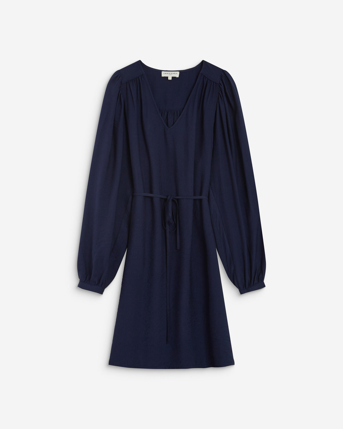 Robe courte col V manches bouffantes marine Alienor