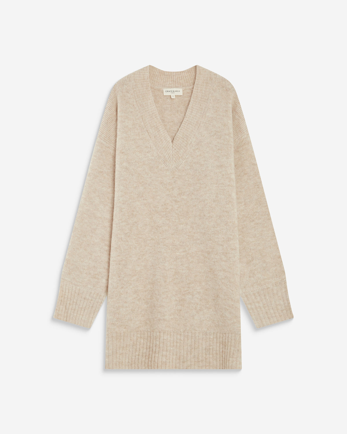 Robe pull courte oversize col V beige Airina