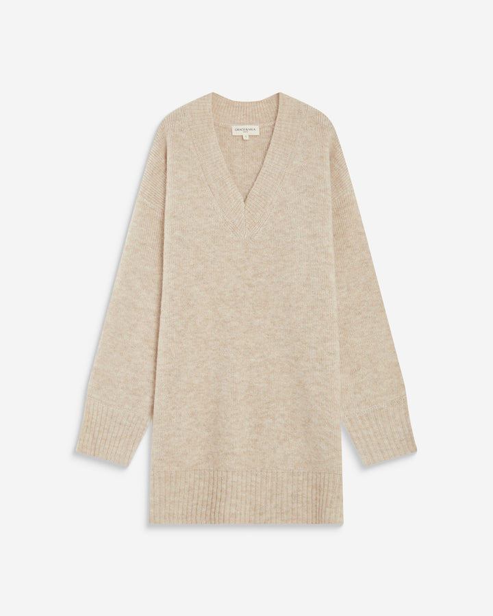 Robe pull courte oversize col V beige Airina