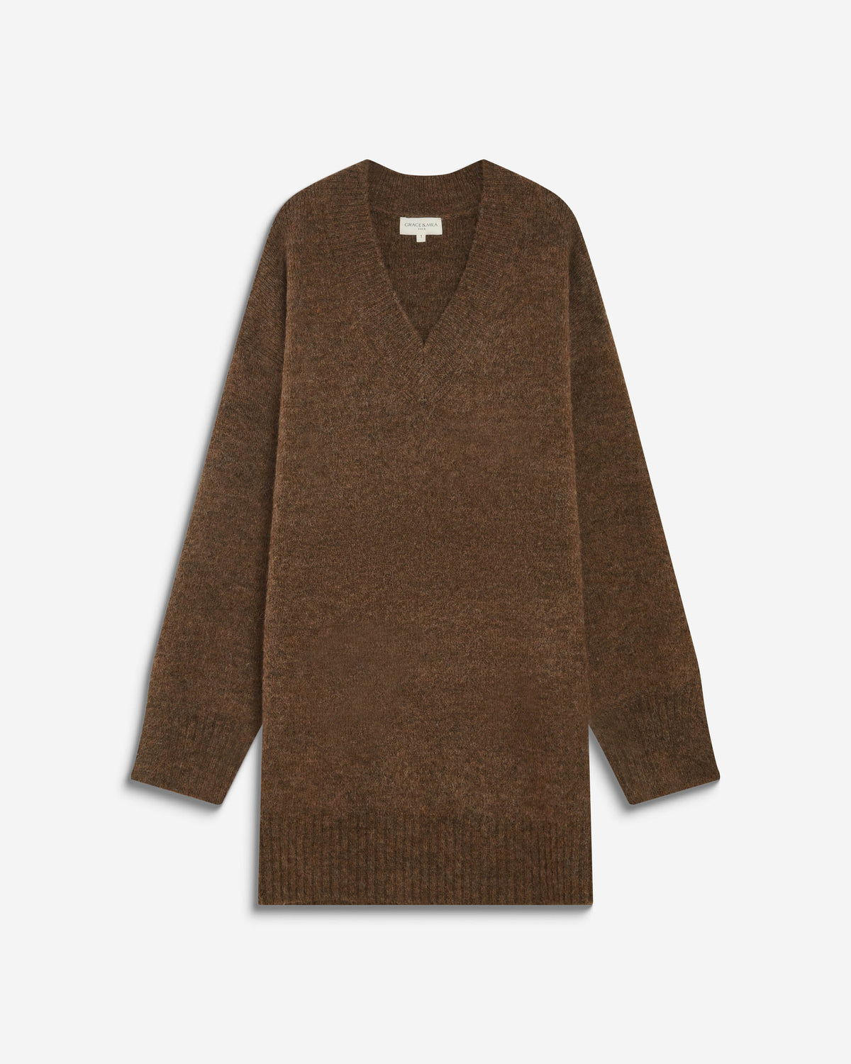 Robe pull courte oversize col V chocolat Airina