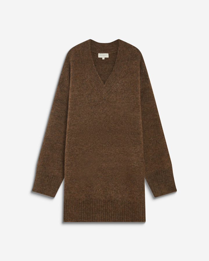 Robe pull courte oversize col V chocolat Airina