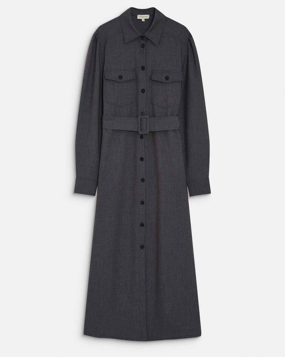 Robe chemise longue cintrée à la taille anthracite Arella
