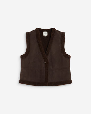 Veste sans manches en fausse shearling col V chocolat Anya
