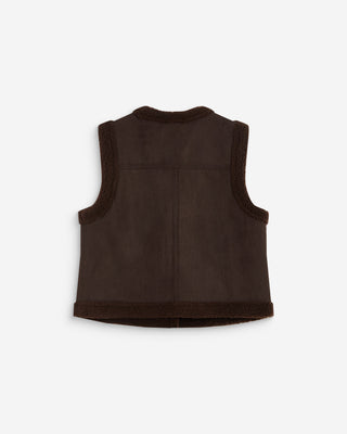 Veste sans manches en fausse shearling col V chocolat Anya