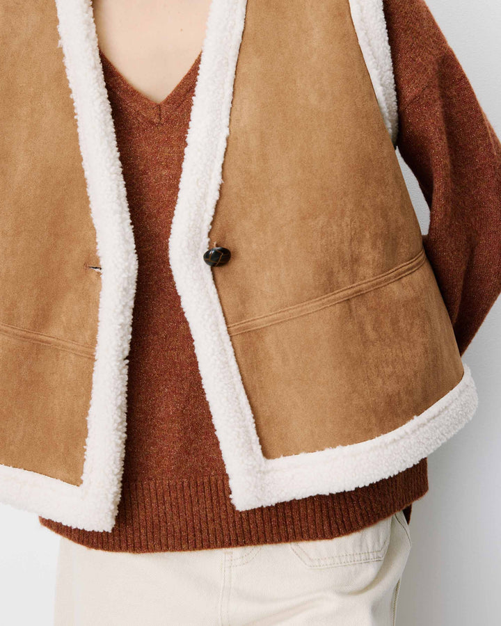 Veste sans manches en fausse shearling col V coffee Anya