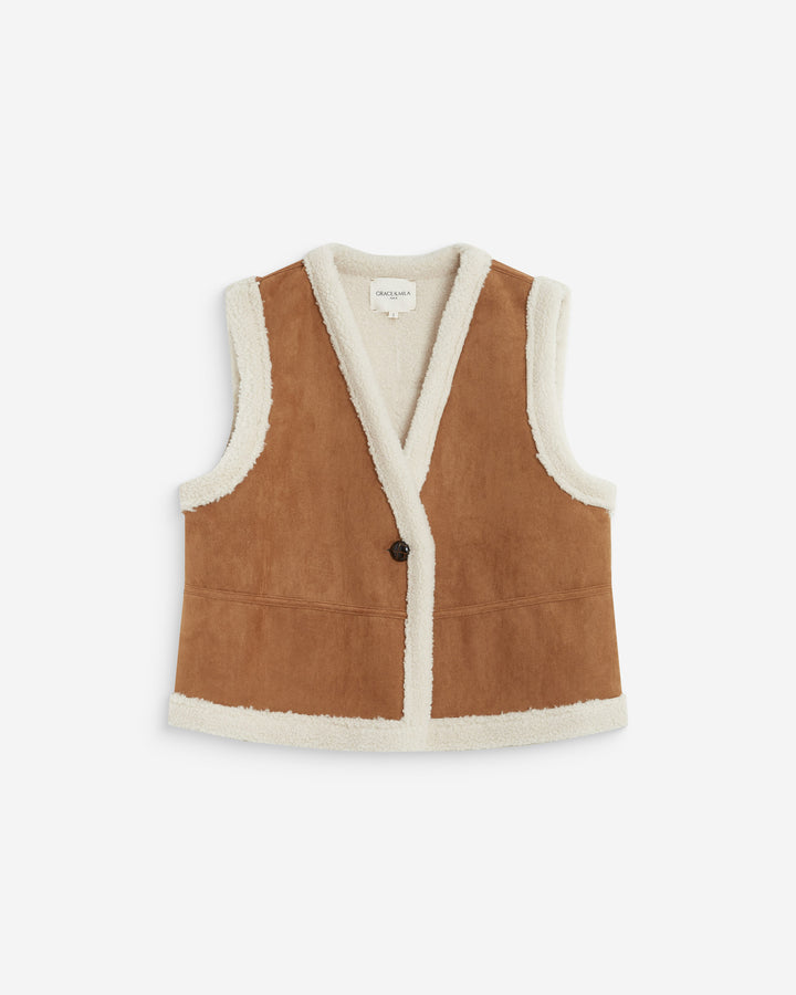 Veste sans manches en fausse shearling col V coffee Anya