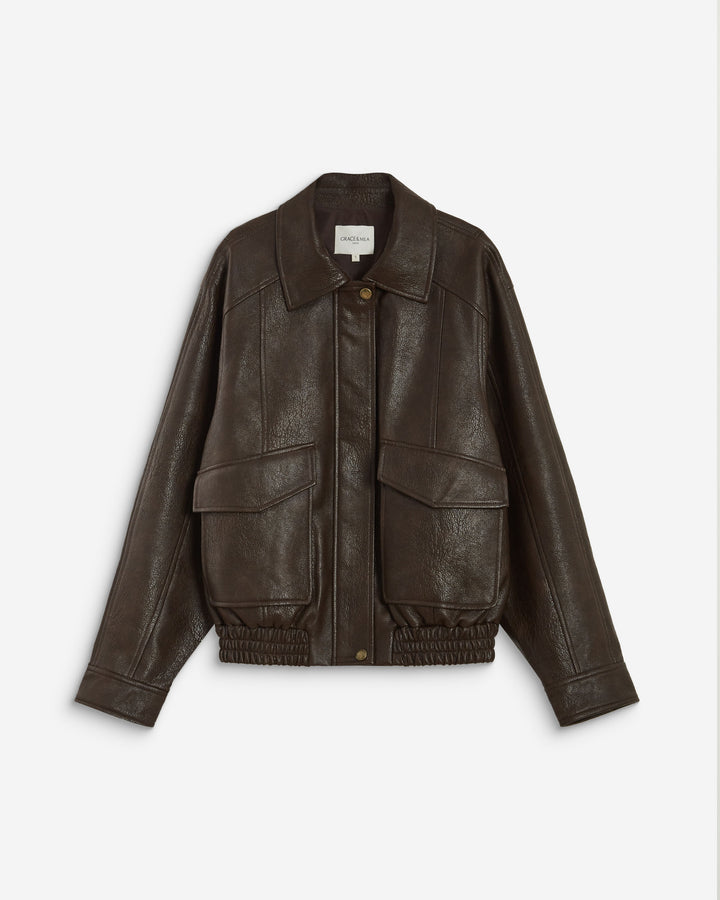 Blouson oversize similicuir à poches chocolat Axel