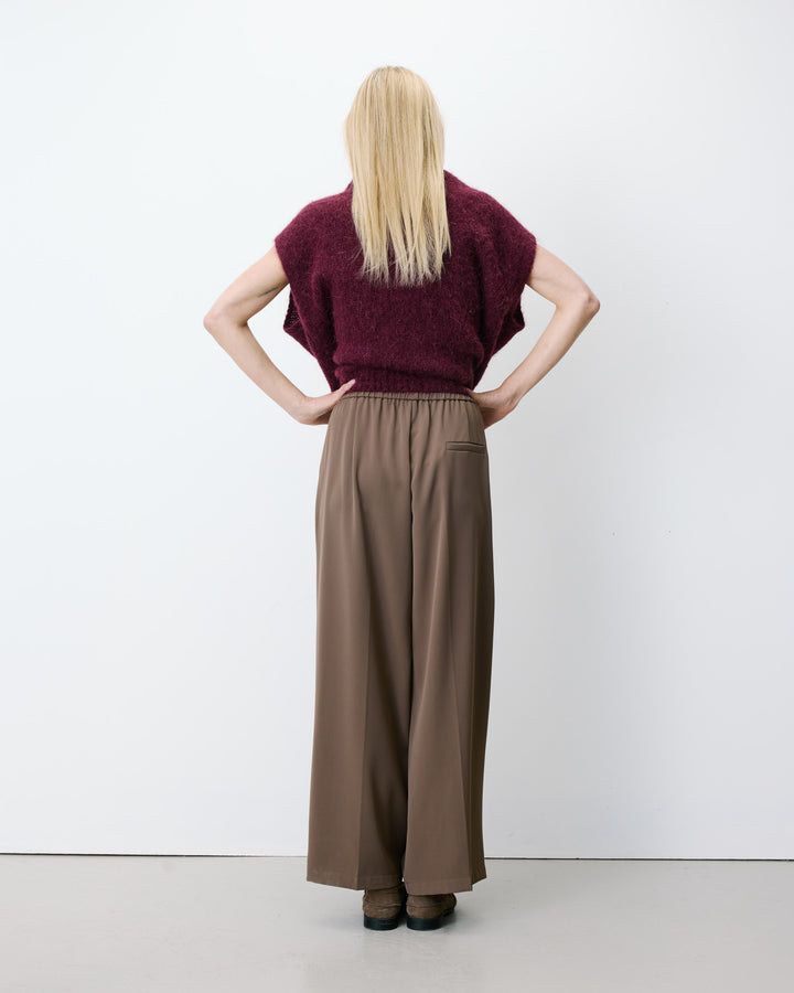 Pantalon fluide jambe large taille mi-haute taupe Noblesse