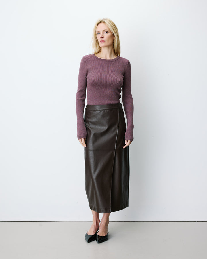 Jupe midi portefeuille similicuir chocolat Aenor