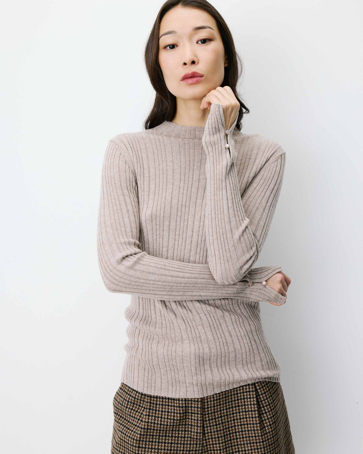 Pull maille fine près du corps col montant mocha Aloe