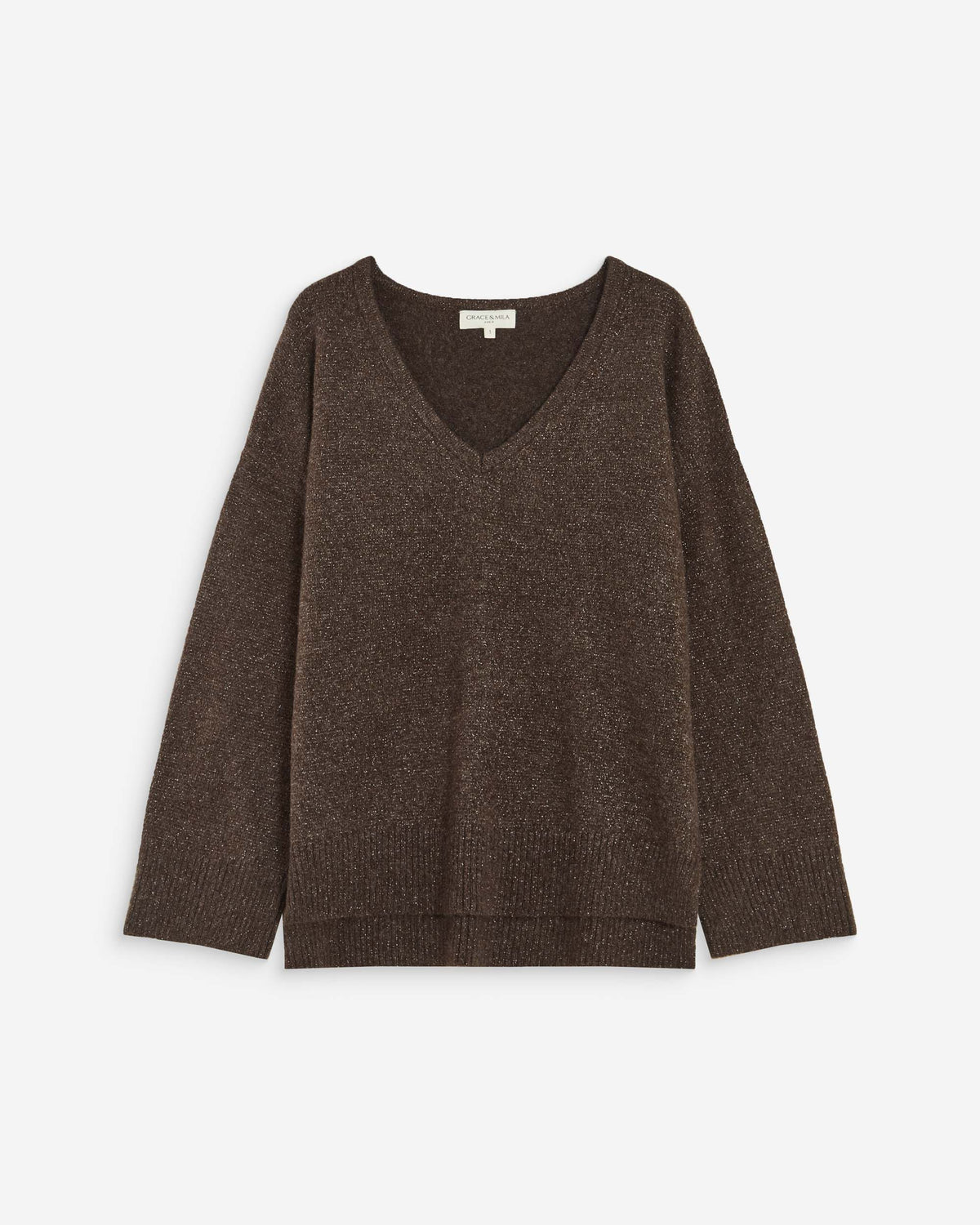 Pull ample col V en maille lurex chocolat Salvador