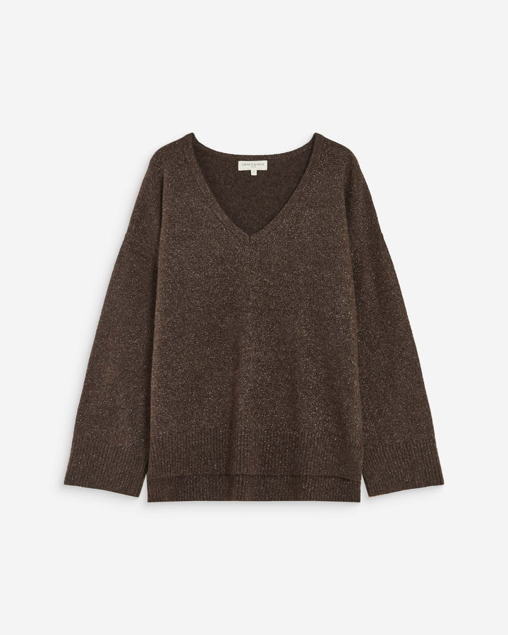 Pull ample col V en maille lurex chocolat Salvador