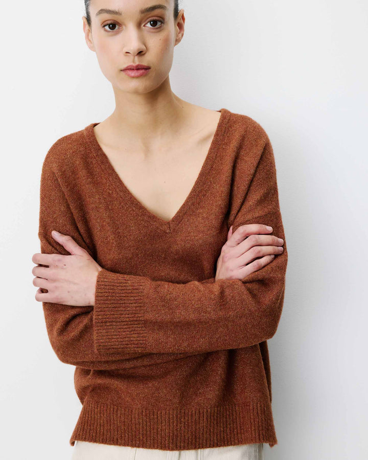 Pull ample col V en maille lurex coffee Salvador