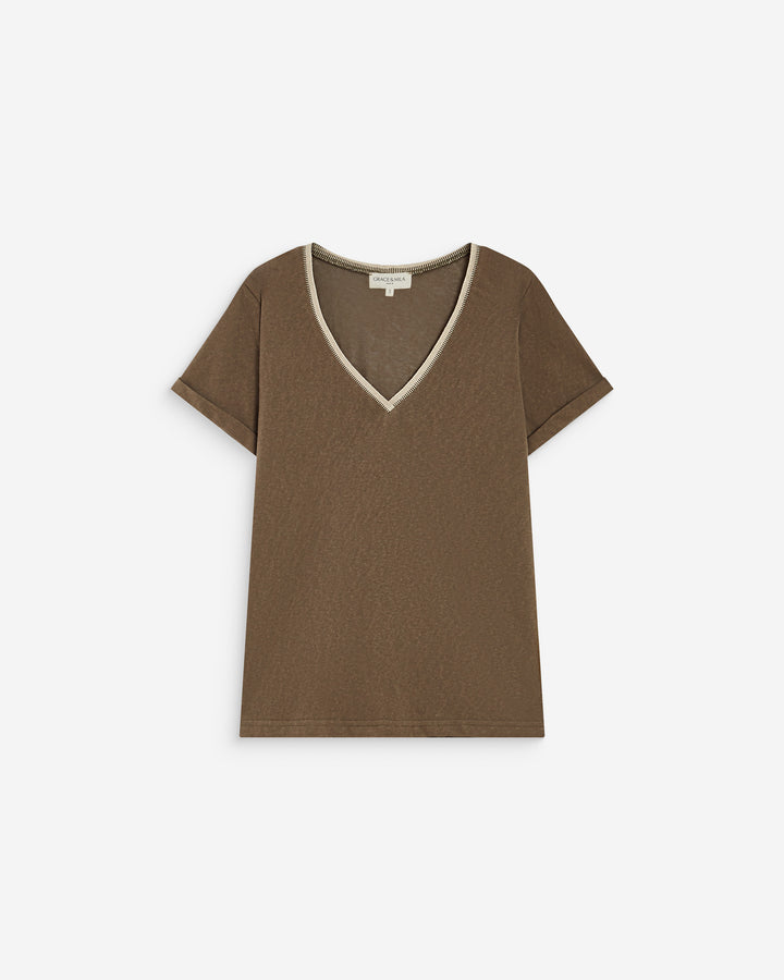 Short-sleeve V-neck T-shirt kaki Aurelien