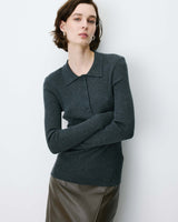Pull ajusté col polo en maille côtelée anthracite Angelo