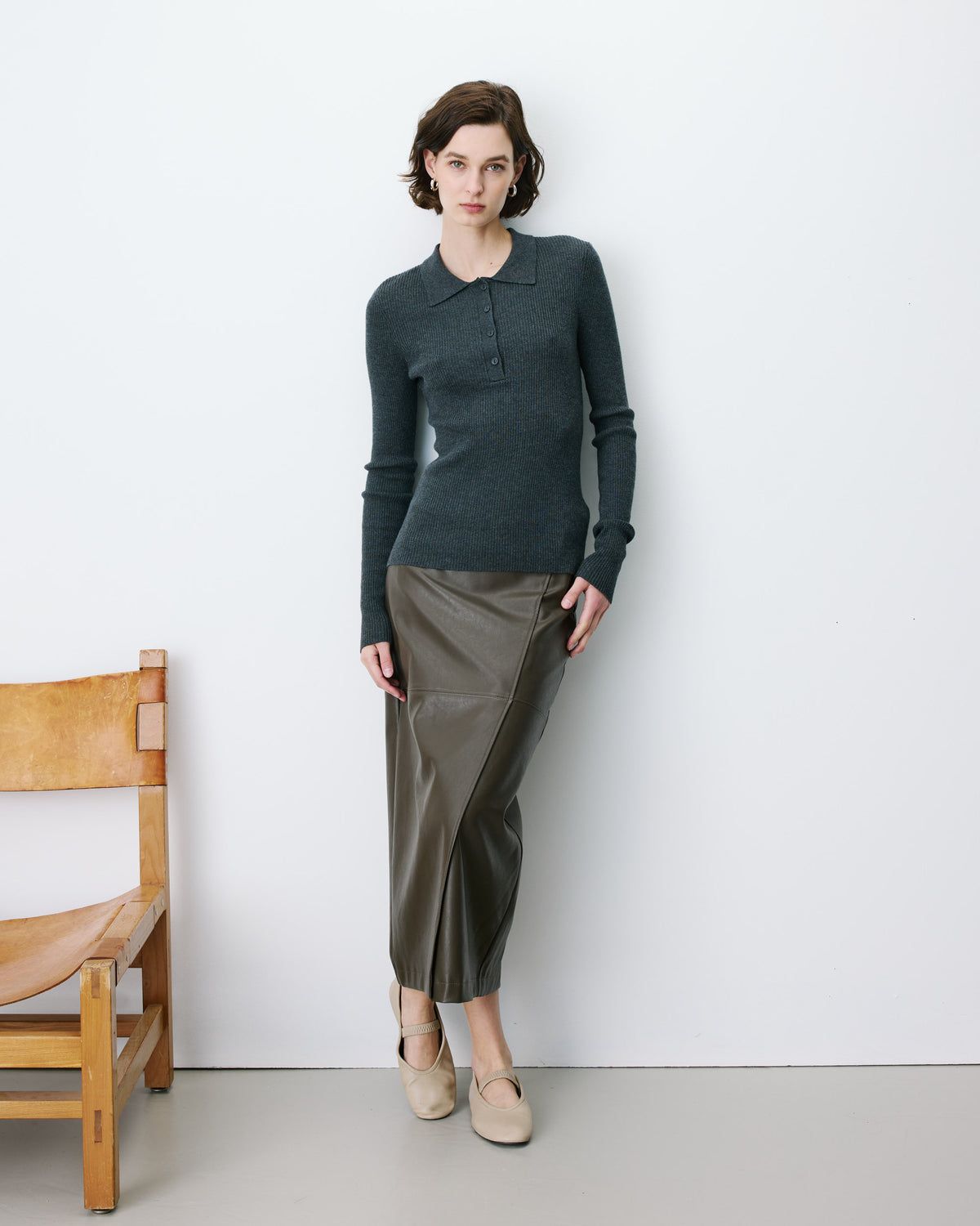 Pull ajusté col polo en maille côtelée anthracite Angelo
