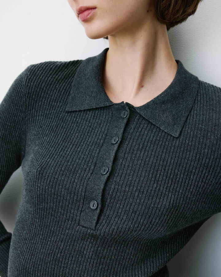 Pull ajusté col polo en maille côtelée anthracite Angelo