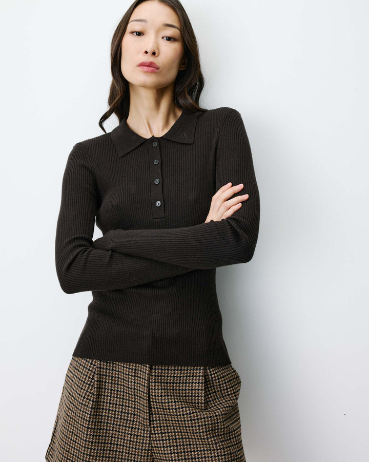 Pull ajusté col polo en maille côtelée chocolat Angelo