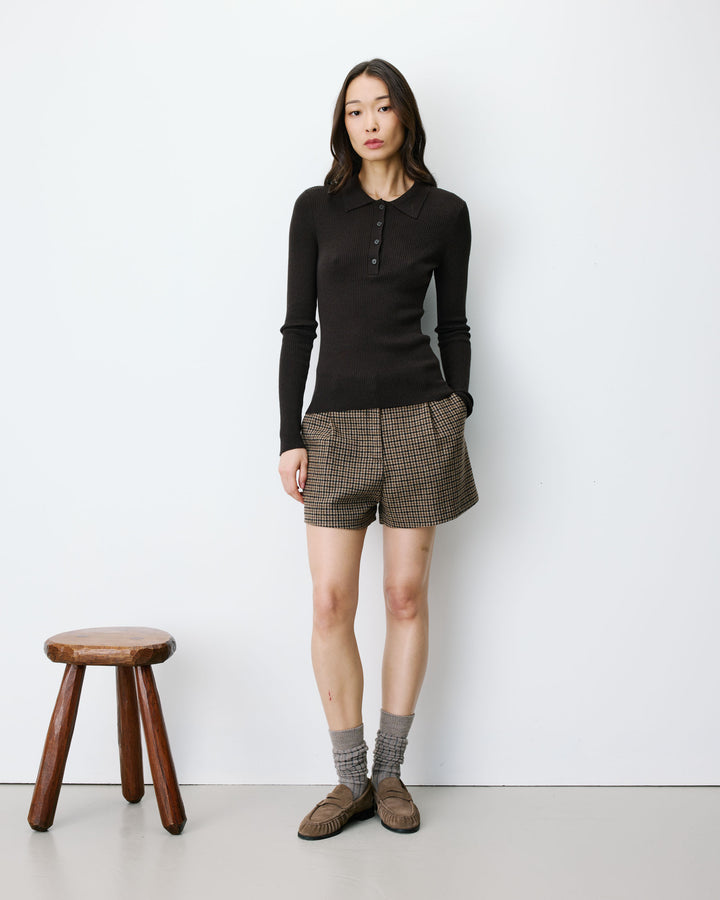 Pull ajusté col polo en maille côtelée chocolat Angelo