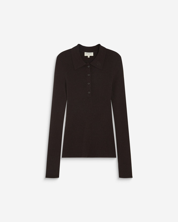 Pull ajusté col polo en maille côtelée chocolat Angelo