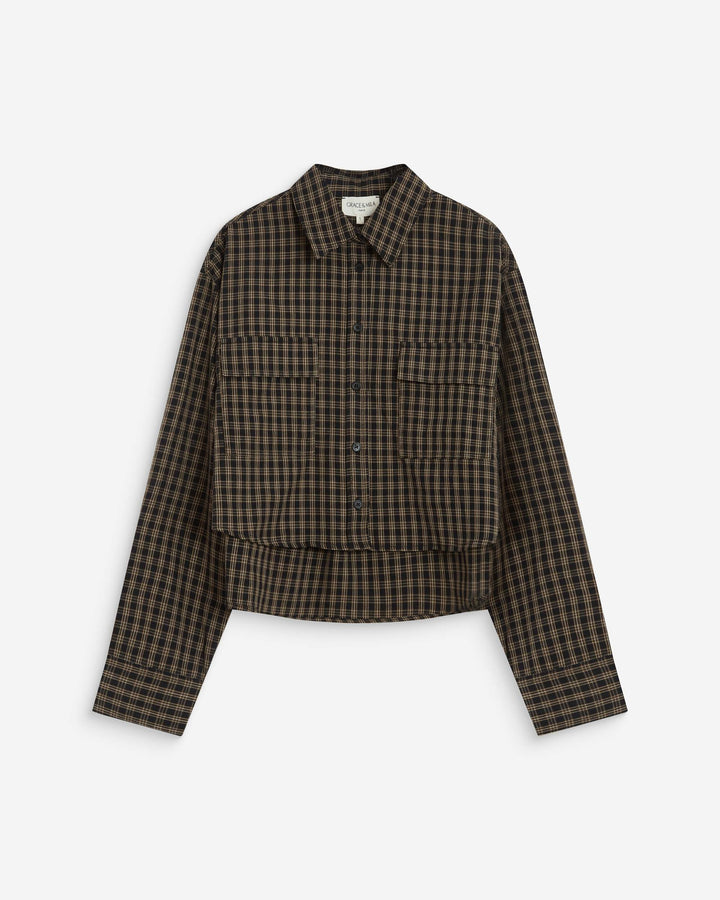Chemise courte oversize en coton à carreaux noir Azelle