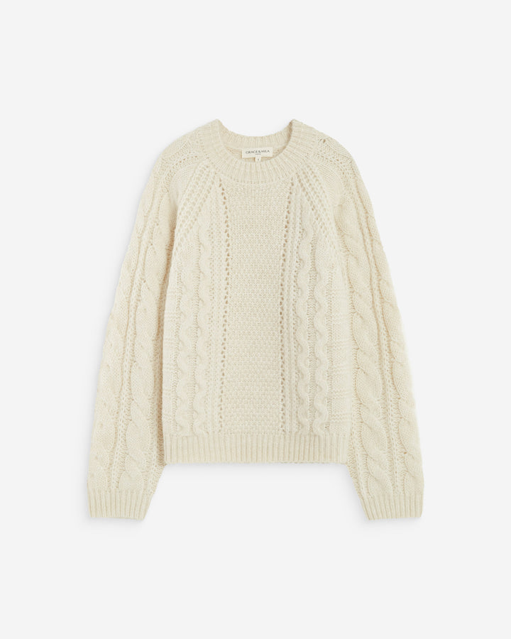 Pull torsadé ample col rond ecru Amparo
