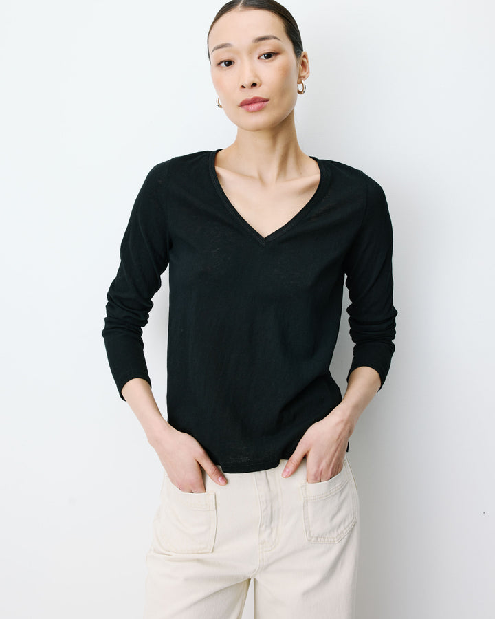 T-shirt manches longues col V noir Abricot