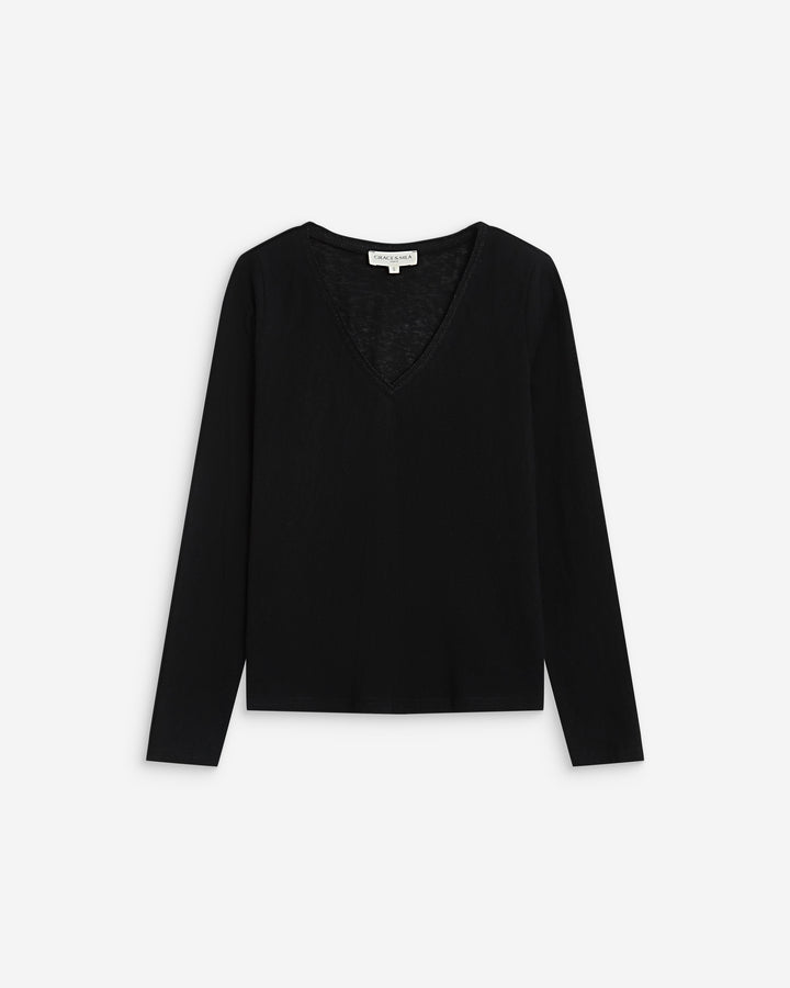 T-shirt manches longues col V noir Abricot