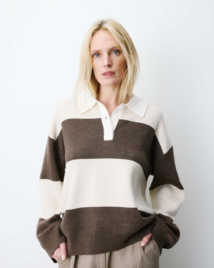 Pull polo ample à larges rayures sable Astre