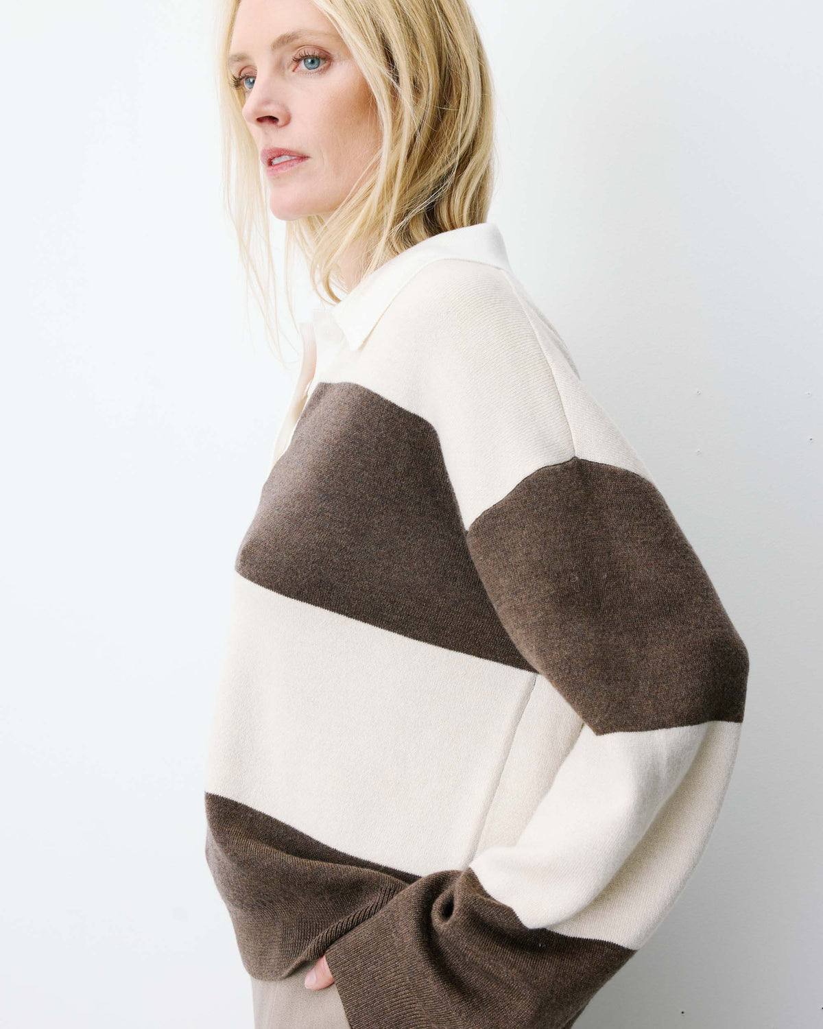 Pull polo ample à larges rayures sable Astre