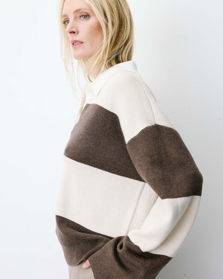 Pull polo ample à larges rayures sable Astre