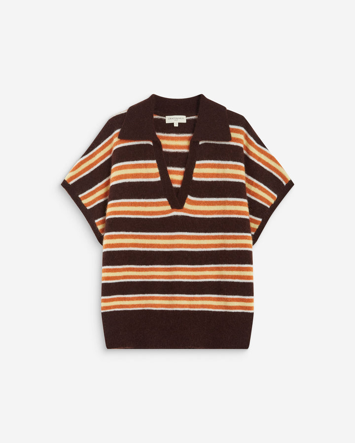 Pull rayé oversize col polo chocolat Aizen