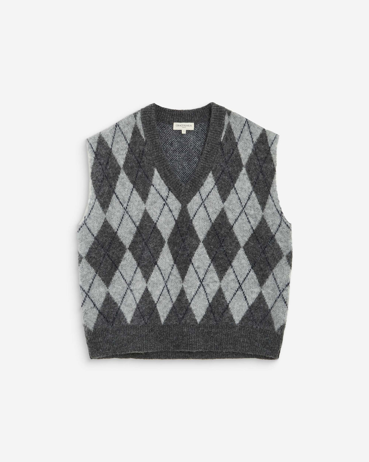 Pull sans manches en maille à losanges anthracite Arelio