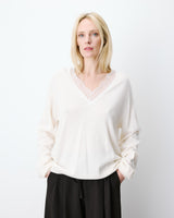 Pull en maille à col V en dentelle ecru Augustin