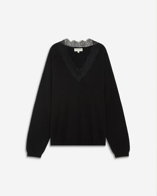 Pull en maille à col V en dentelle noir Augustin