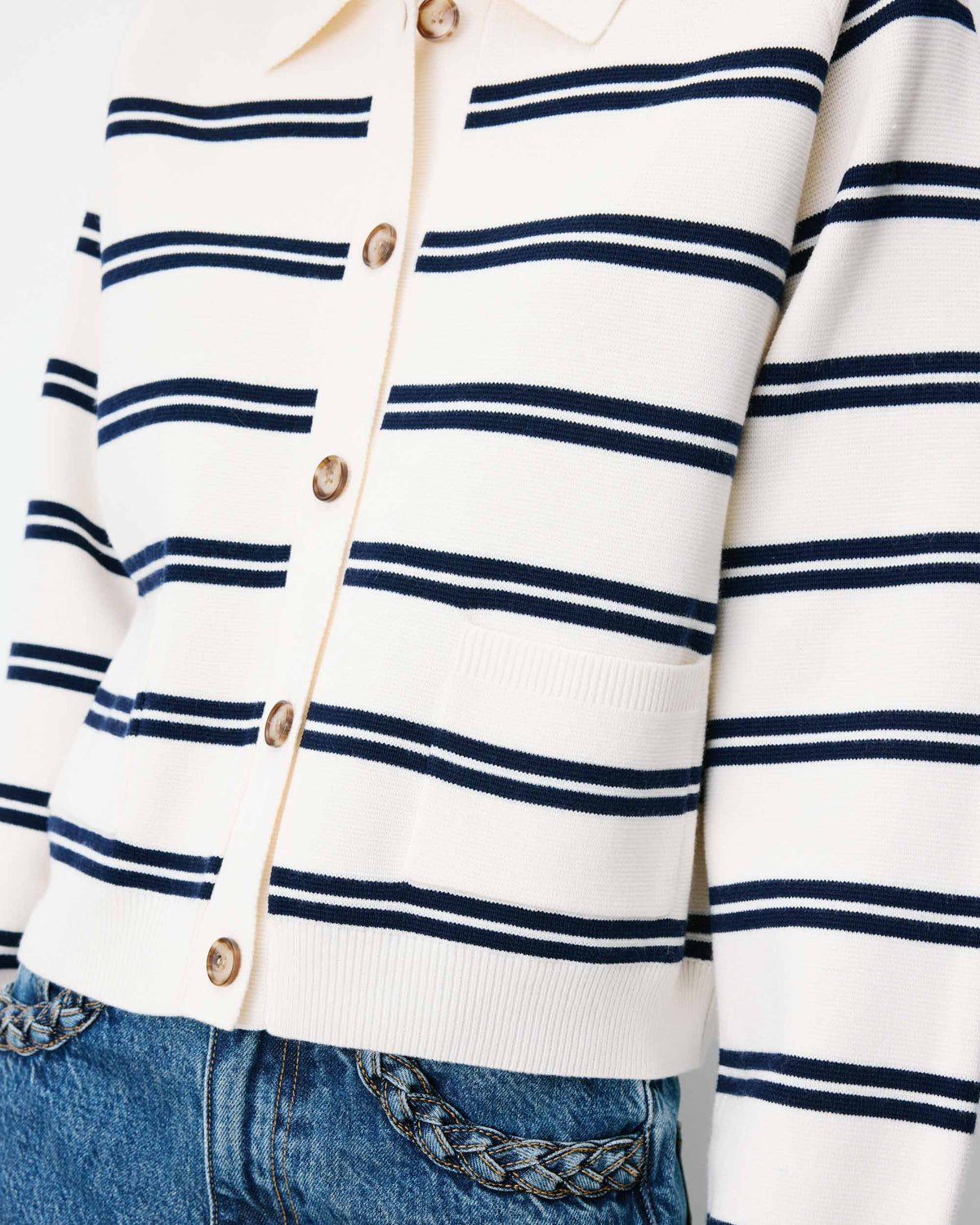 Cardigan rayé en maille col chemise ecru Ardenis