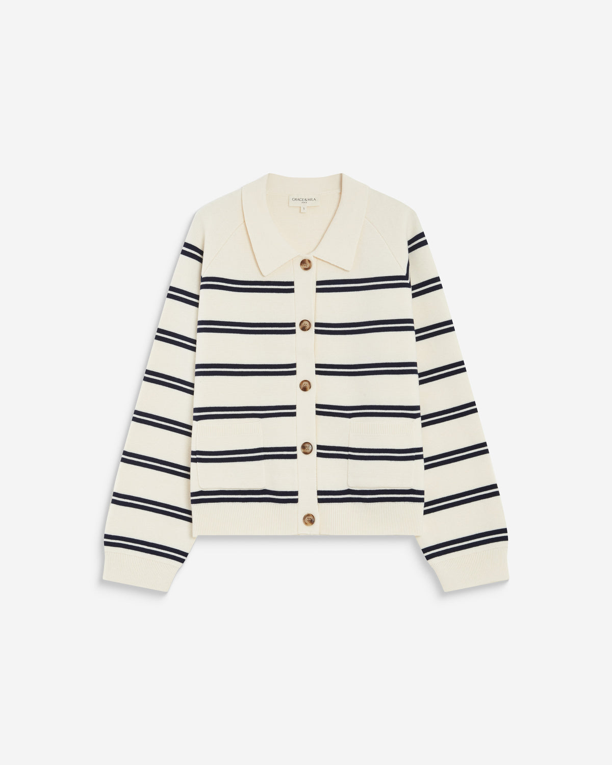 Cardigan rayé en maille col chemise ecru Ardenis