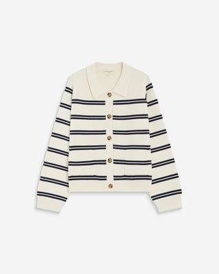 Cardigan rayé en maille col chemise ecru Ardenis