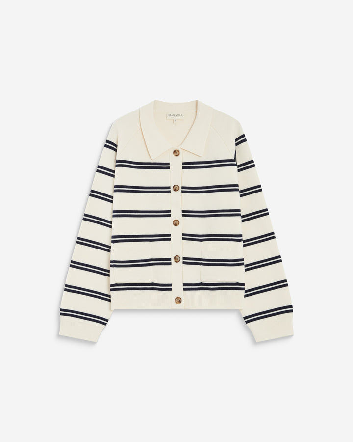 Cardigan rayé en maille col chemise ecru Ardenis