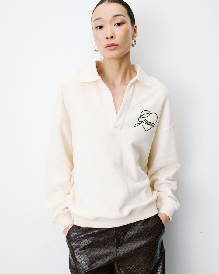 Sweat oversize col polo ouvert ecru Archibald