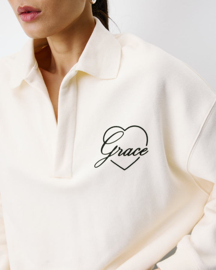 Sweat oversize col polo ouvert ecru Archibald
