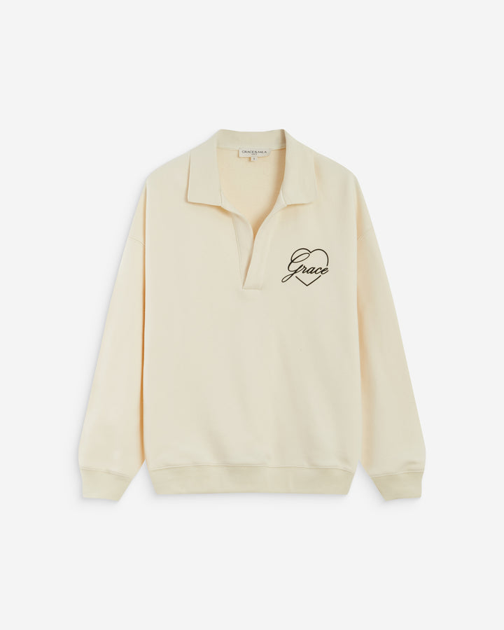 Sweat oversize col polo ouvert ecru Archibald