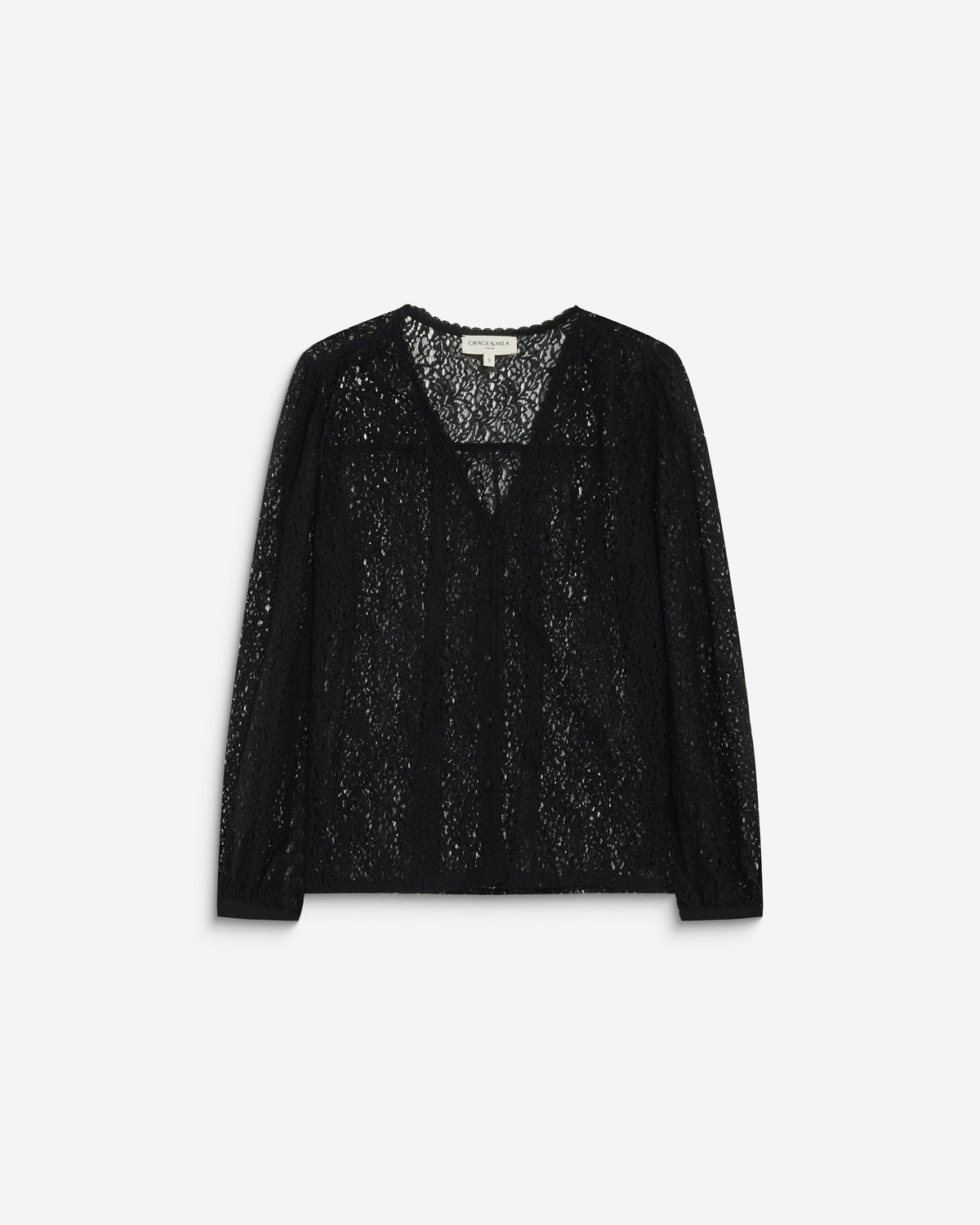 Blouse en dentelle col V manches longues noir Aurora